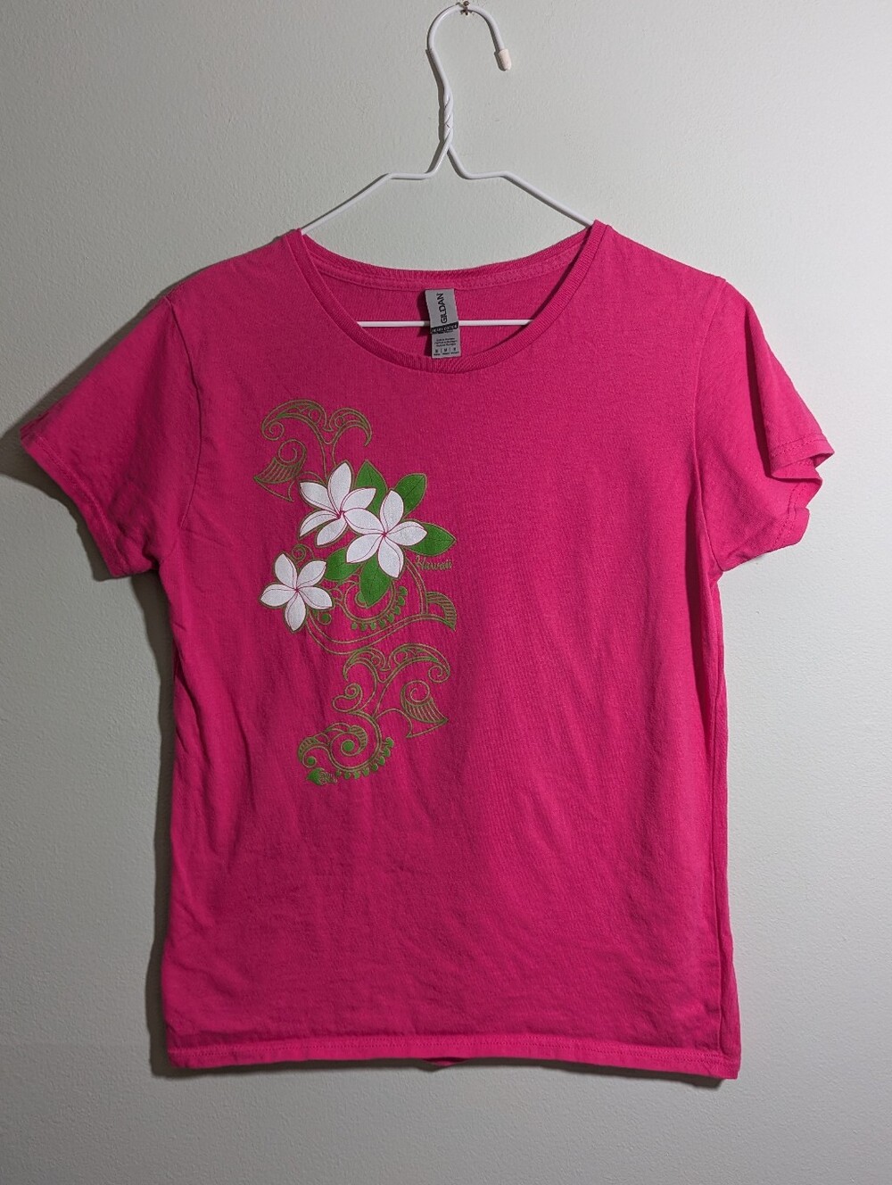 Vintage Y2K Hawaiian Hibiscus Pink Green T-Shirt Womens Medium Fitted